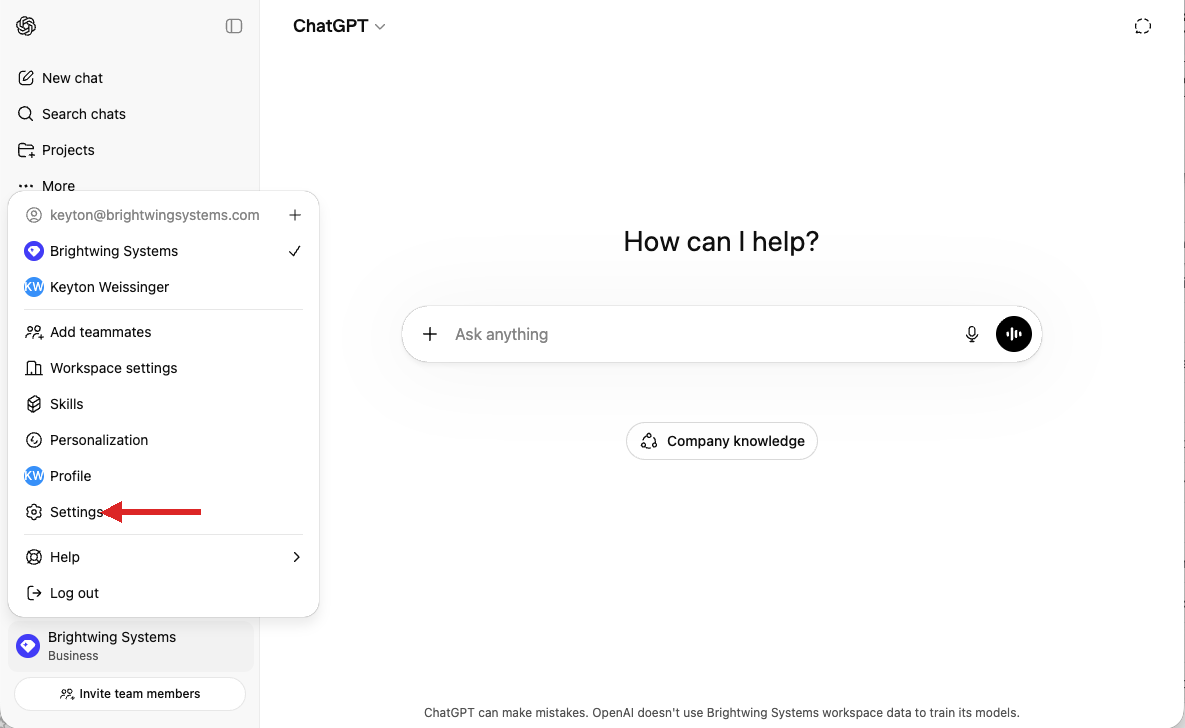 ChatGPT account menu with Settings highlighted
