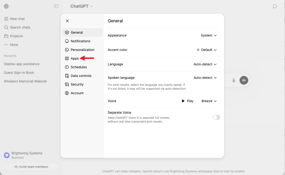 Settings dialog with Apps highlighted in sidebar