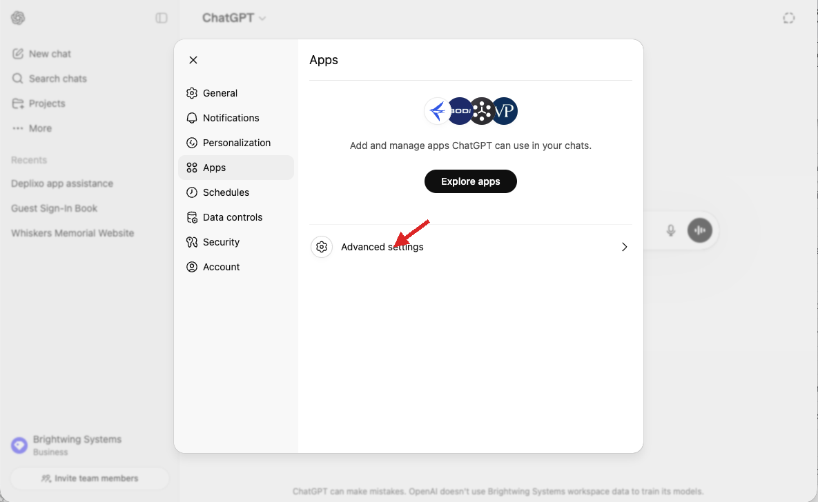 Apps page with Advanced settings highlighted