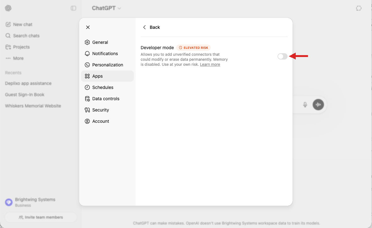 Advanced settings showing Developer mode toggle