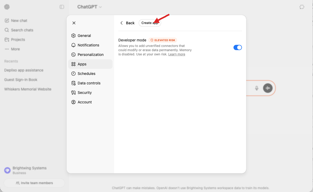 Developer mode enabled with Create app button