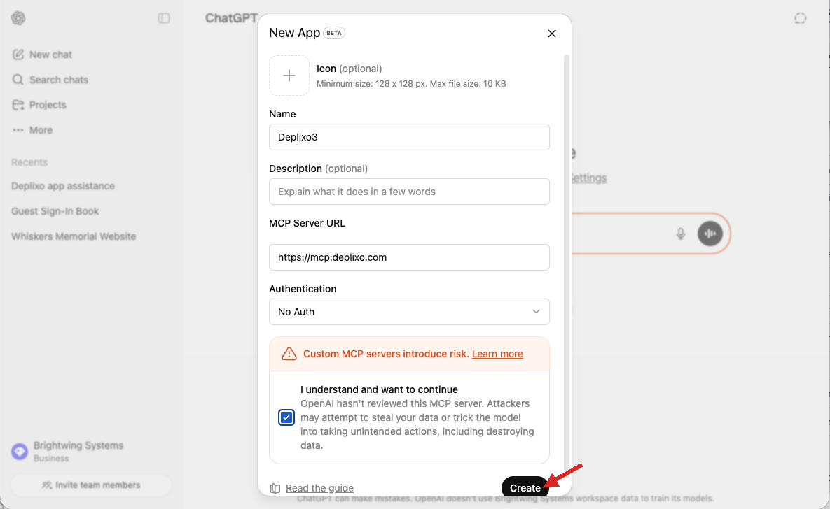 New App form filled in with Deplixo name and mcp.deplixo.com URL