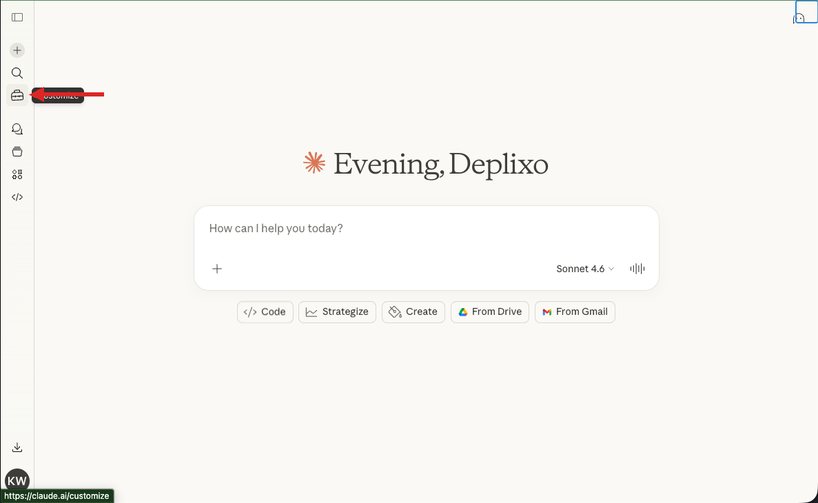 Claude sidebar with Customize icon highlighted