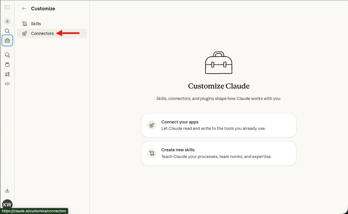 Customize page with Connectors selected in sidebar