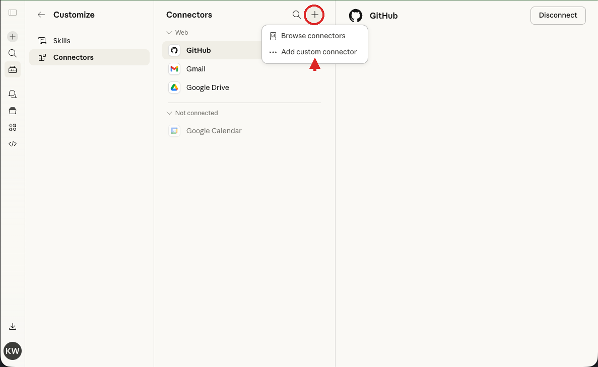 Plus button dropdown showing Browse connectors and Add custom connector options