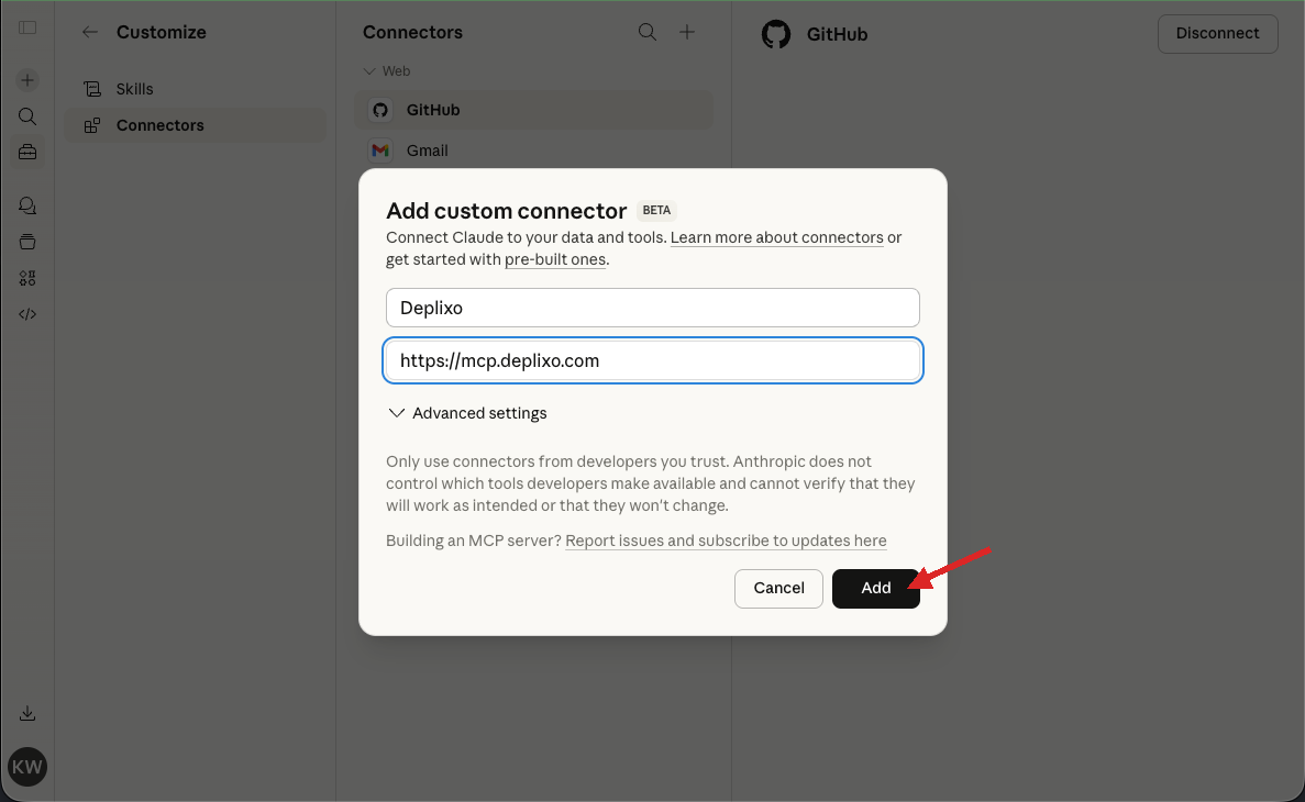 Add custom connector dialog with Deplixo name and mcp.deplixo.com URL filled in