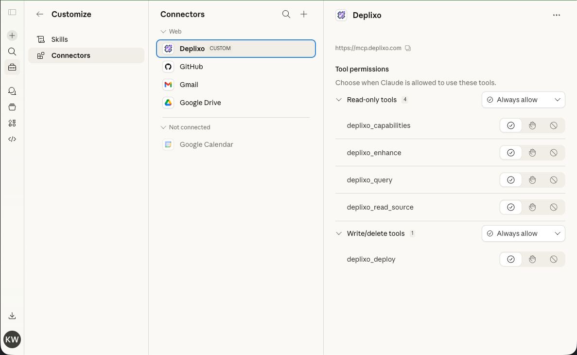Deplixo connector added showing tool permissions