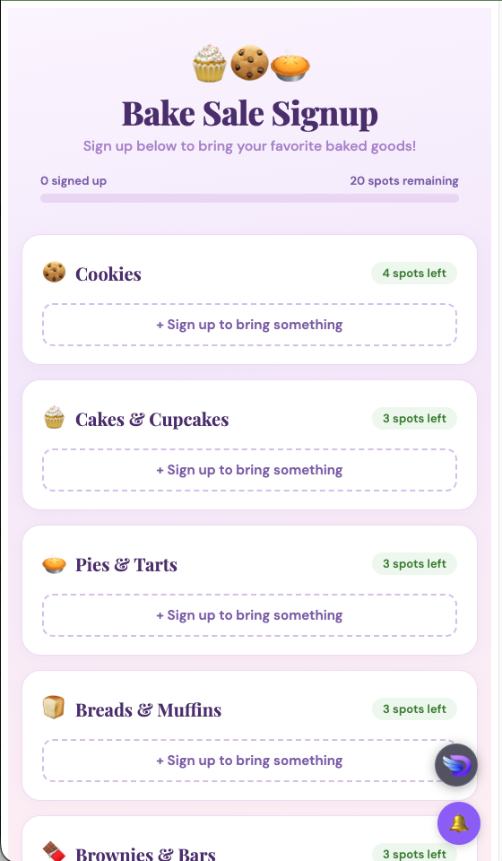 Signup sheet screenshot